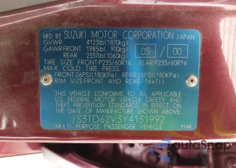 2000 Suzuki Grand Vitara Jlx/Jlx+/Limited из США, поврежденный, VIN JS3TD62V3Y4131992